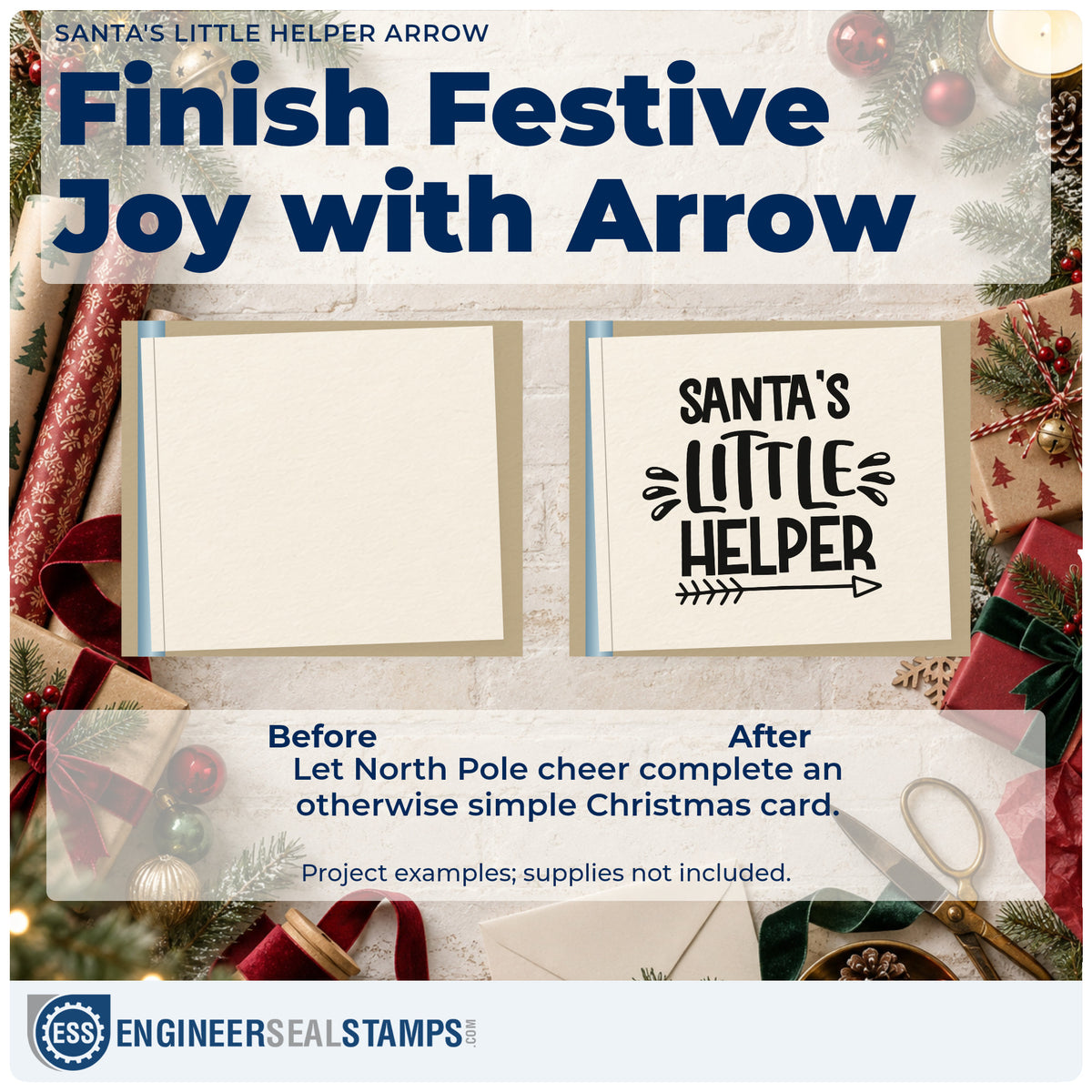 Before and after of a plain item finished with the Santa's Little Helper Arrow Outline Detail PSI Pre-Inked Stamp, a quick upgrade for framed step ladder.