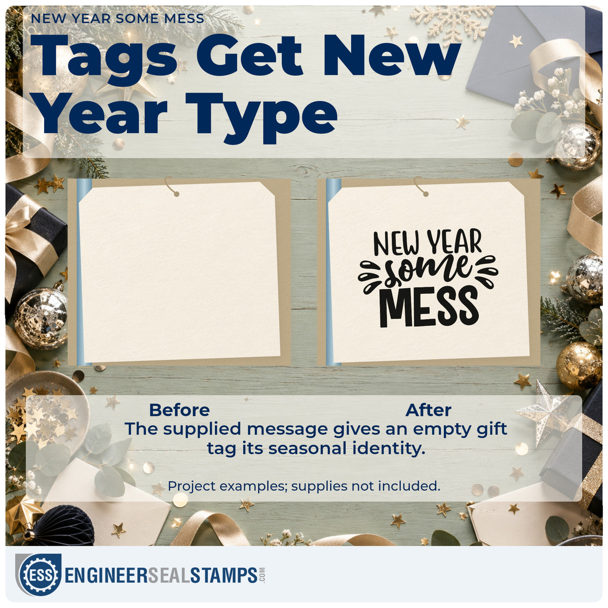 Before and after of a plain item finished with the New Year Some Mess Lettering Stamp – Duo Hand, a quick upgrade for framed desk corner.