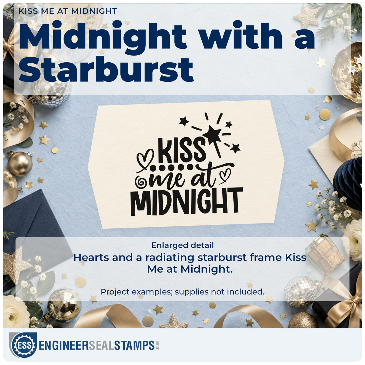 Enlarged detail of the Kiss Me At Midnight With Stars Rubber Stamp – Wood Handle imprint. The words "Kiss me at midnight" include hearts, stars, dots, and a radiating starburst.