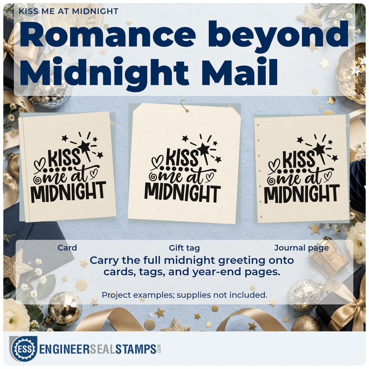 Three project examples made with the Vintage Pro Kiss Me At Midnight With Stars Premium Wooden Stamp, including hour plan sheet.