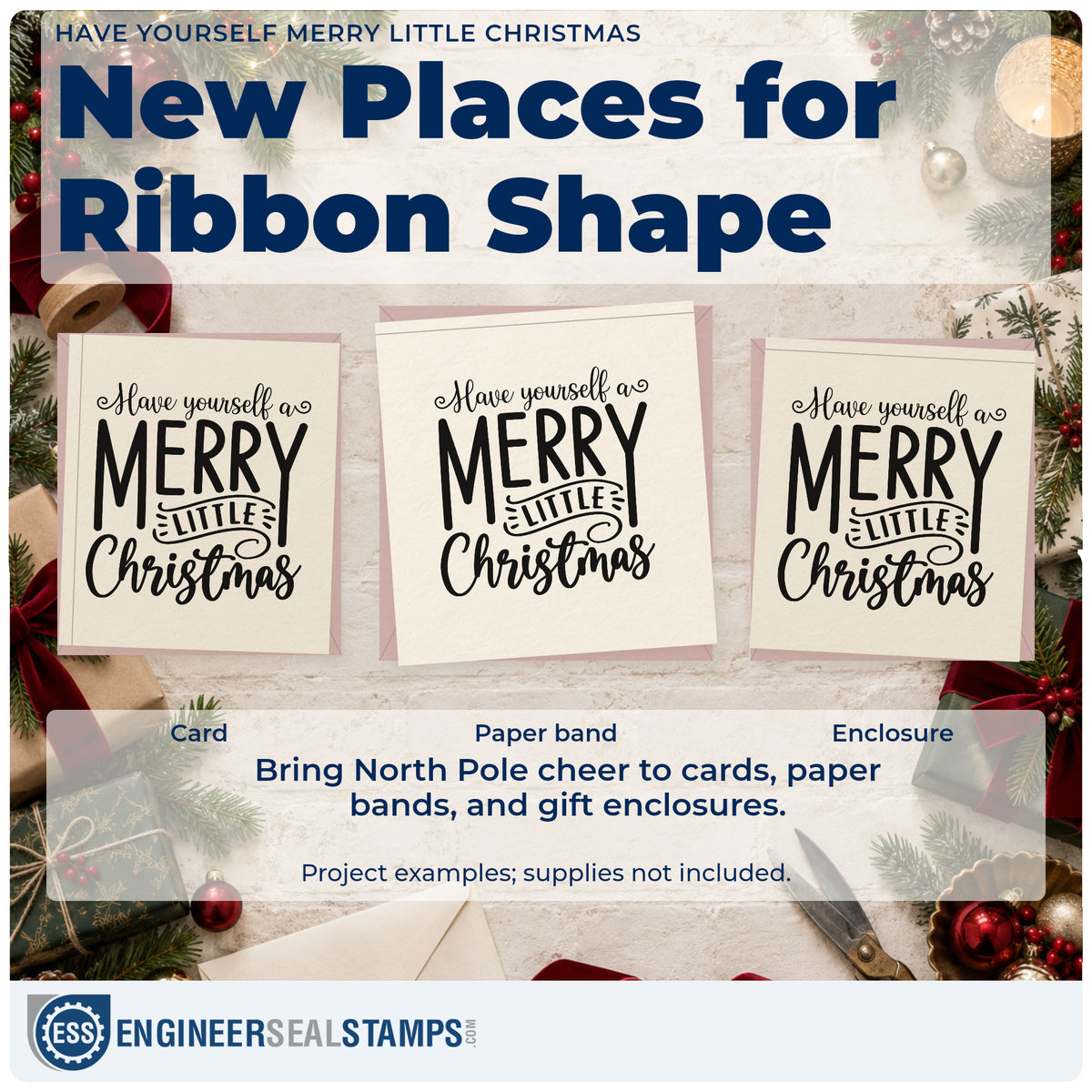 Three project examples made with the Have Yourself A Merry Little Christmas Banner Accent Self-Inking Stamp, including record sleeve tags.