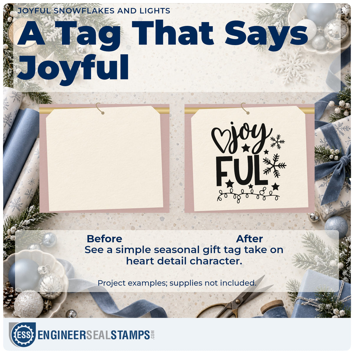 Before and after of a plain item finished with the Joyful Snowflakes And Lights Pre-Inked Stamp – Slim, a quick upgrade for framed window ledge.