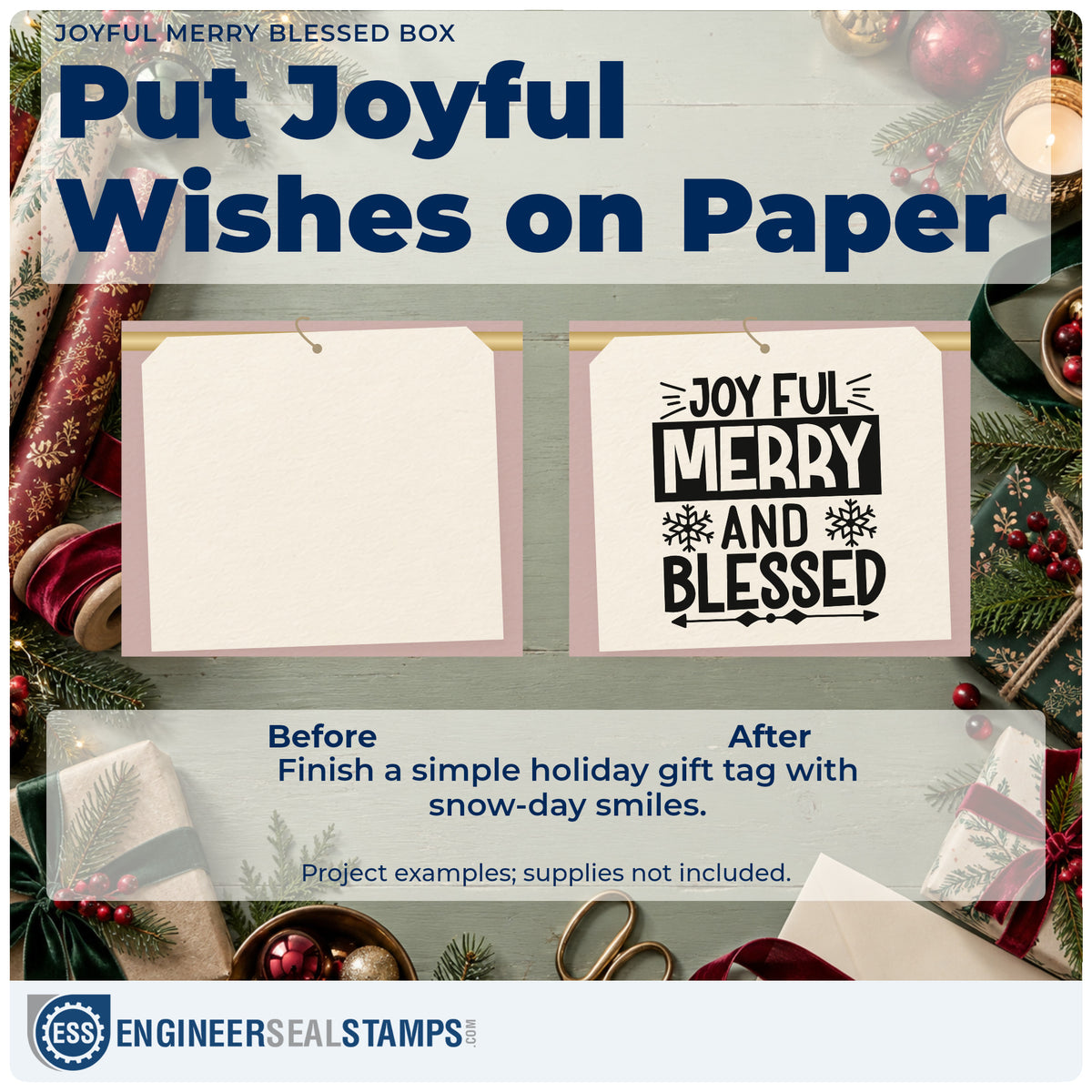 Before and after of a plain item finished with the Joyful Merry Blessed Box Snowflakes Slim Pre-Inked Stamp, a quick upgrade for framed contrast mat.