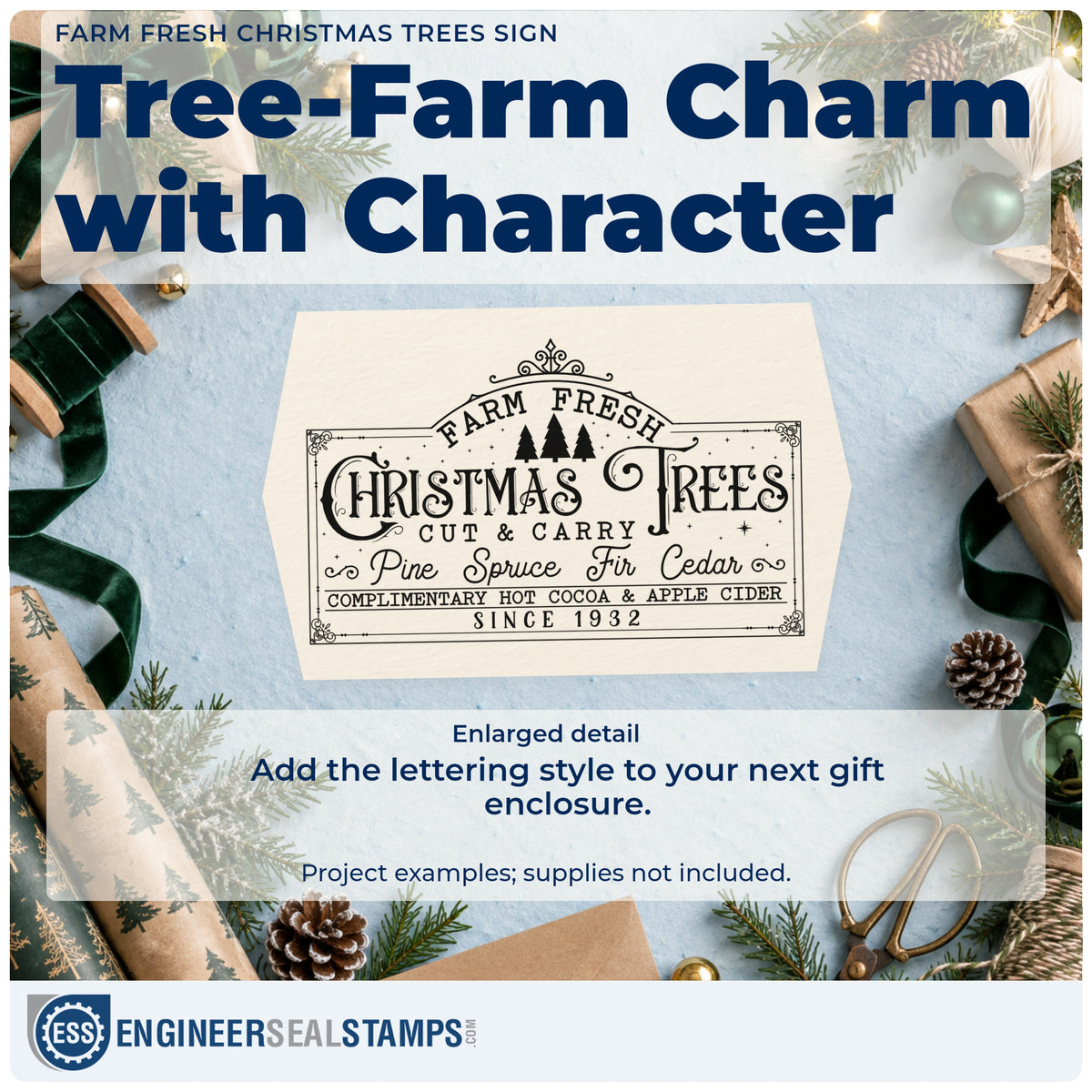 Enlarged detail of the Farm Fresh Christmas Trees Sign Stamp – Self-Inking imprint. An ornate vintage sign reads "Farm fresh Christmas trees," "cut & carry," and "pine spruce fir cedar" with small trees.