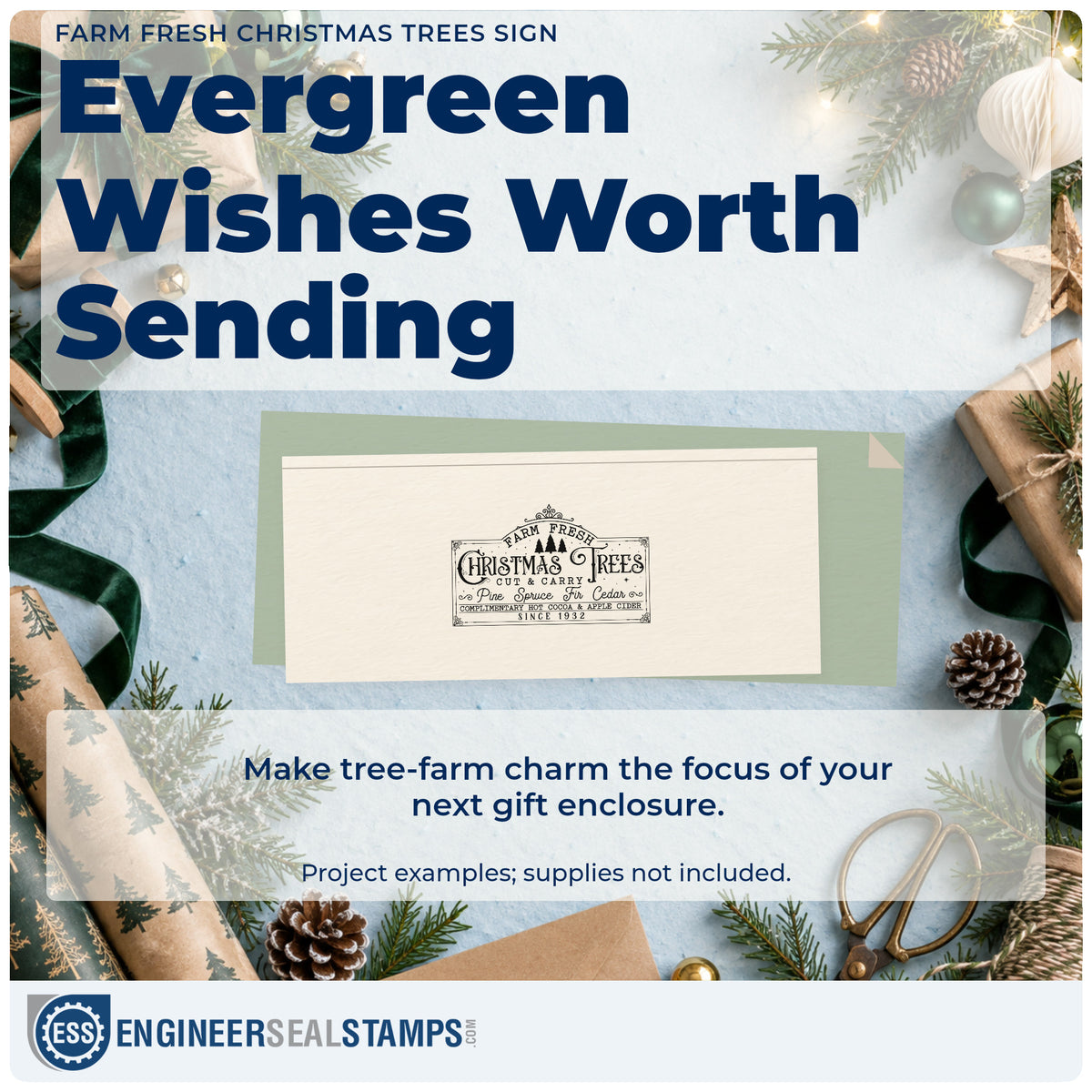 A finished handmade project stamped with the Farm Fresh Christmas Trees Sign Rubber Stamp – Wood Handle, ideal for sign archive album.