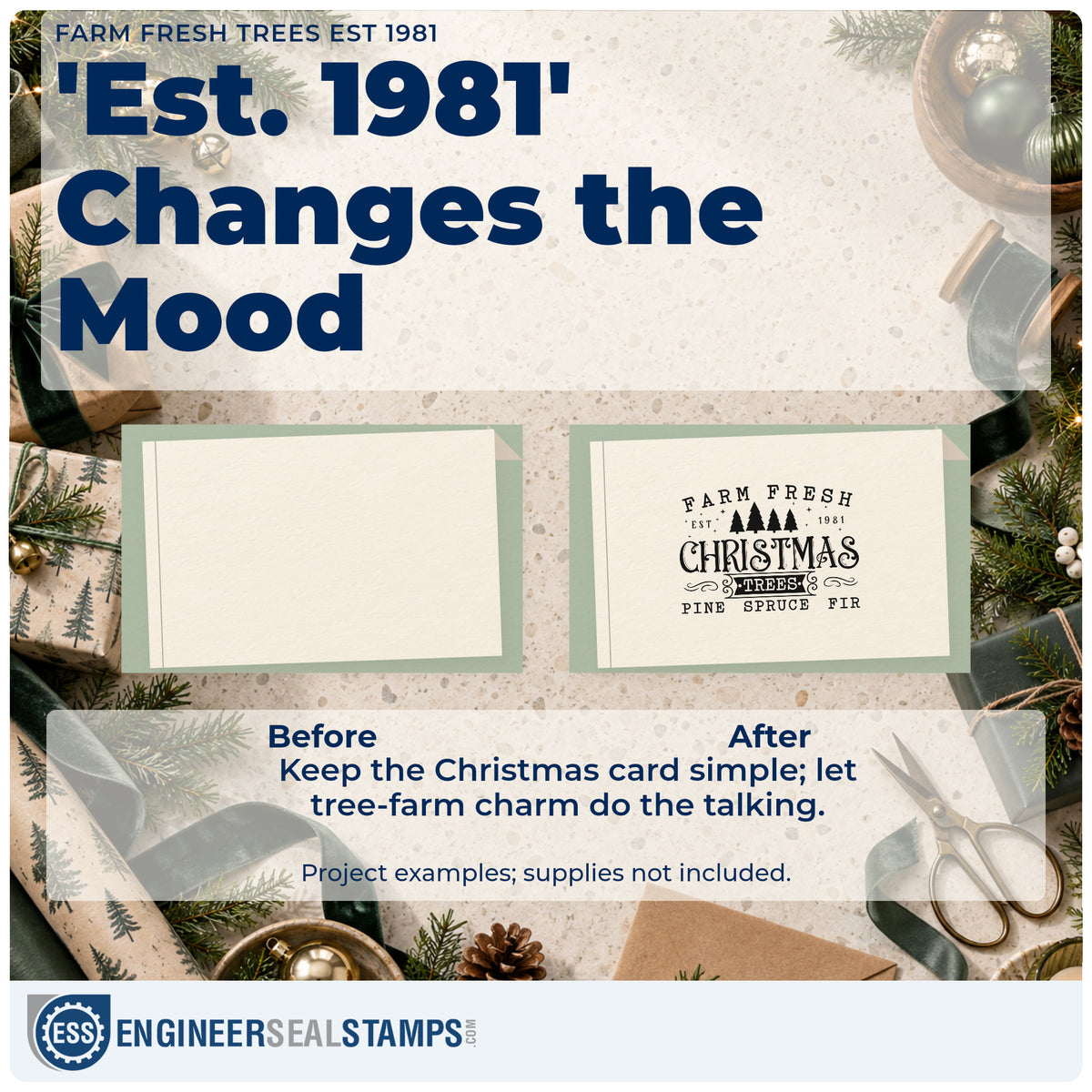 Before and after of a plain item finished with the Farm Fresh Trees Est 1981 Lettering Pre-Inked Stamp – PSI, a quick upgrade for framed office wall.