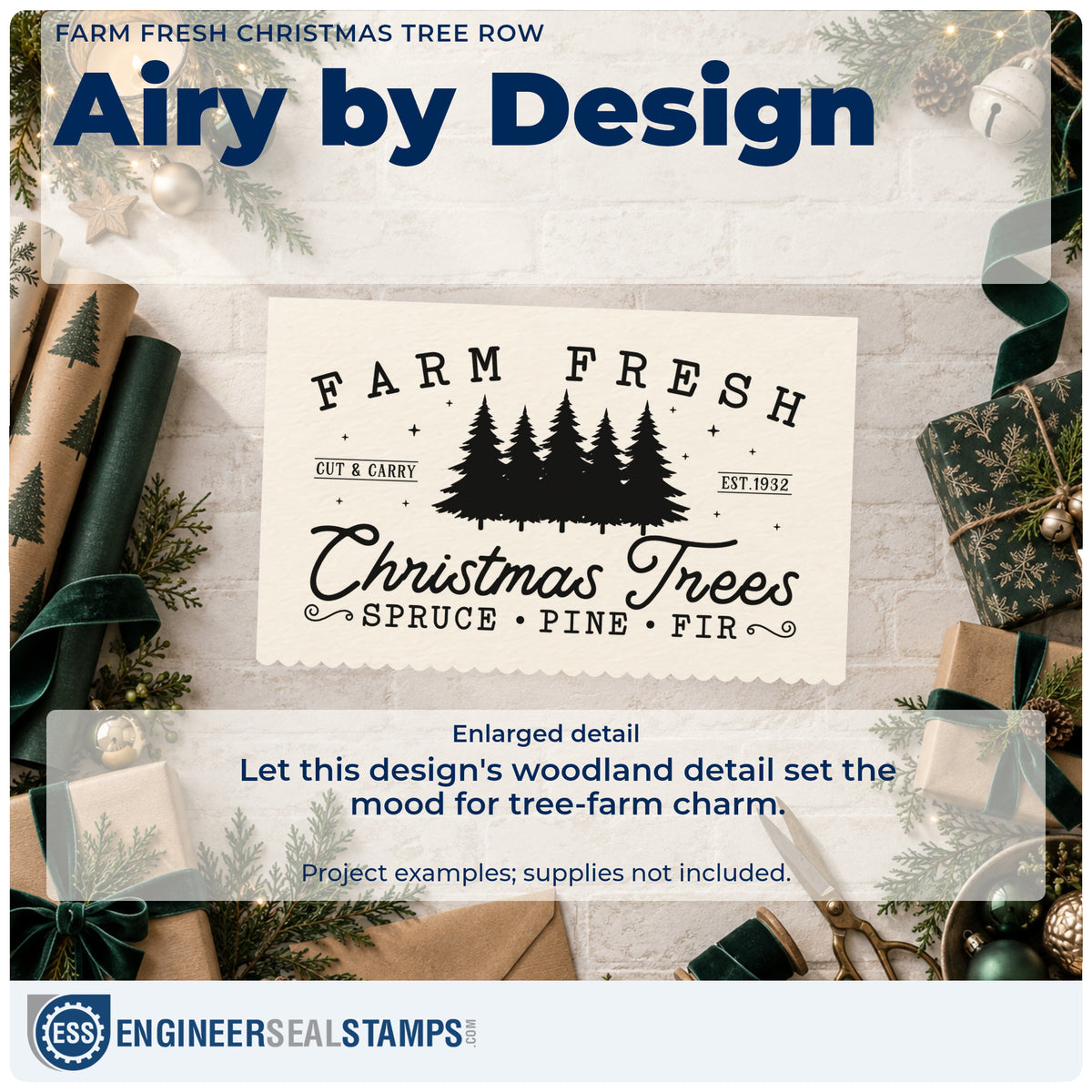 Enlarged detail of the Farm Fresh Christmas Tree Row Pine Motif PSI Pre-Inked Stamp imprint. A row of pine trees appears within "Farm fresh Christmas trees," with cut-and-carry wording and "spruce pine fir."