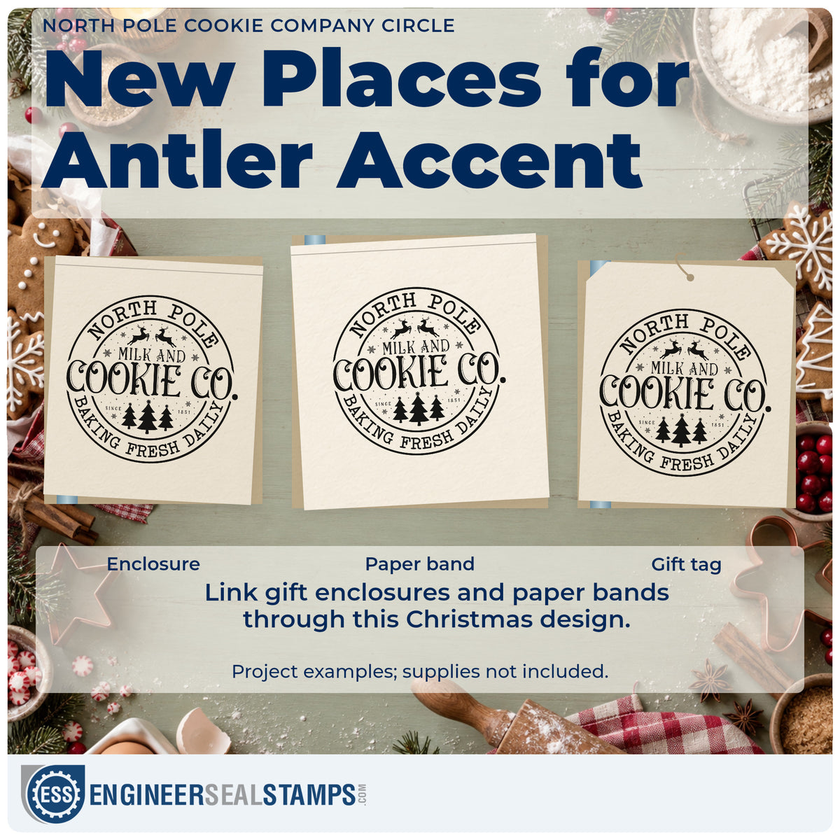 Three project examples made with the North Pole Cookie Company Circle Reindeer Premium Wooden Stamp – Vintage Pro, including approval stamp page.