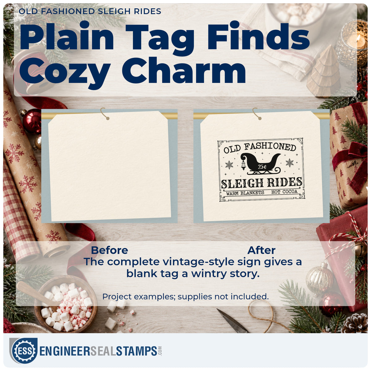 Before and after of a plain item finished with the Old Fashioned Sleigh Rides Snowflakes Stamp – Premium Vintage Pro Wooden, a quick upgrade for framed barn entry.