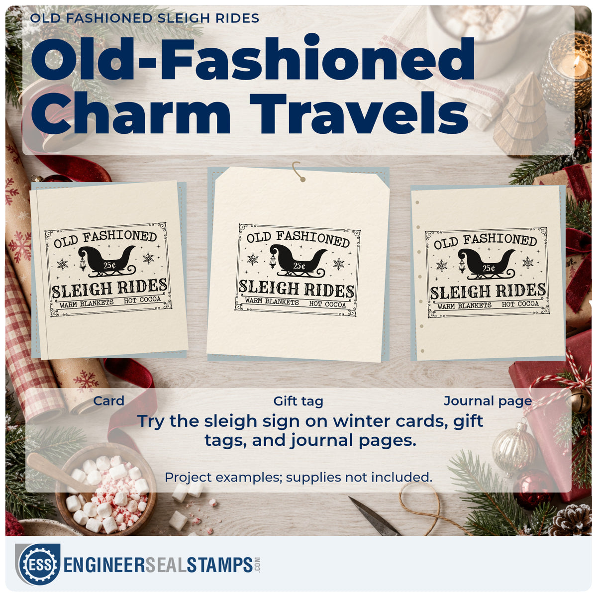 Three project examples made with the Old Fashioned Sleigh Rides Snowflakes Stamp – Premium Vintage Pro Wooden, including booking grid sheet.