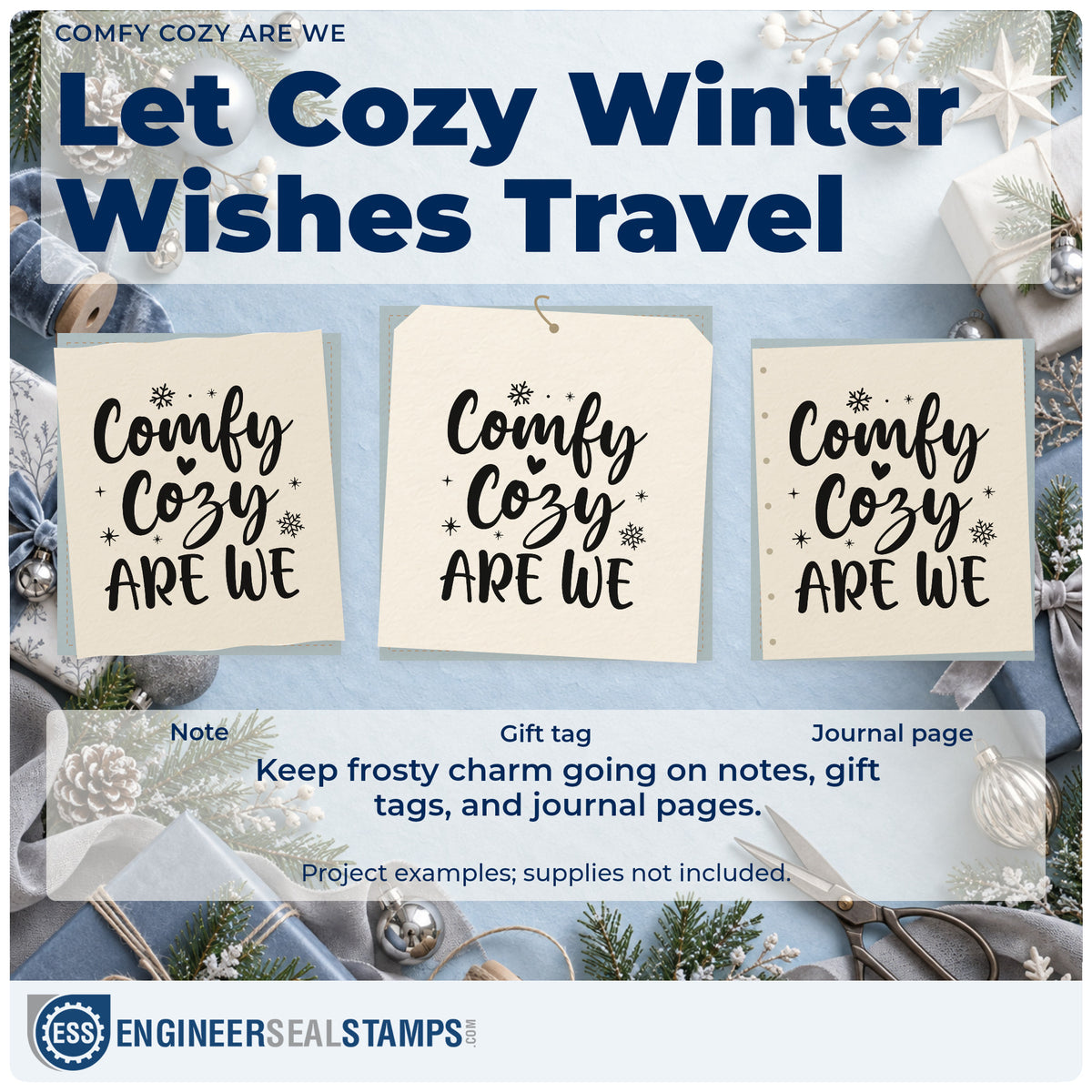 Three project examples made with the Comfy Cozy Are We Stamp – Self-Inking, including movie pick sheet.