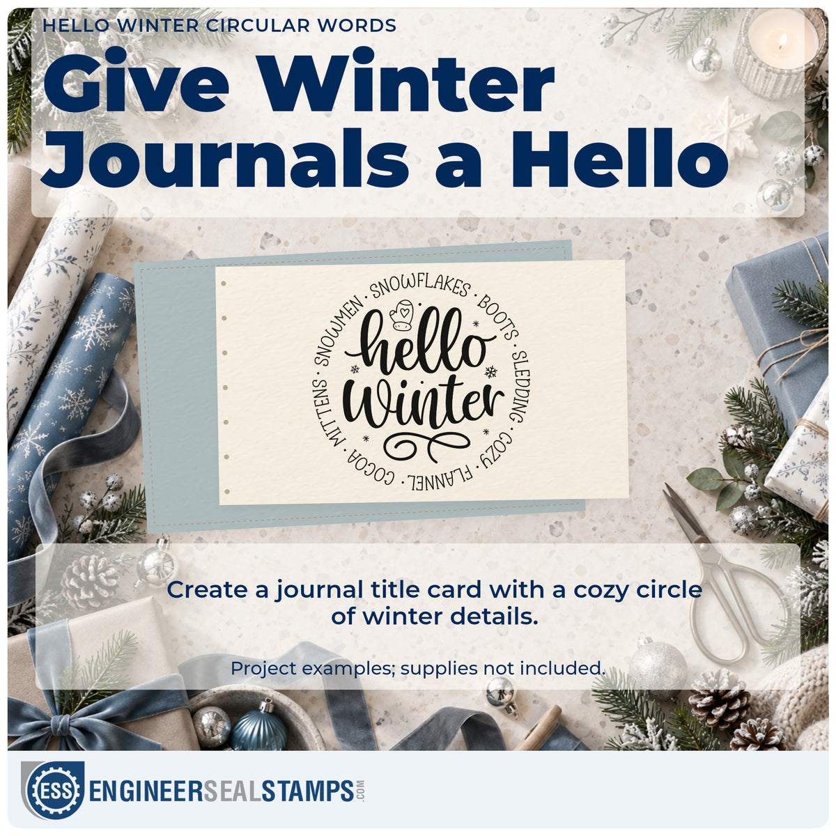 A finished handmade project stamped with the Hello Winter Rubber Stamp – Duo Hand, ideal for term list album.