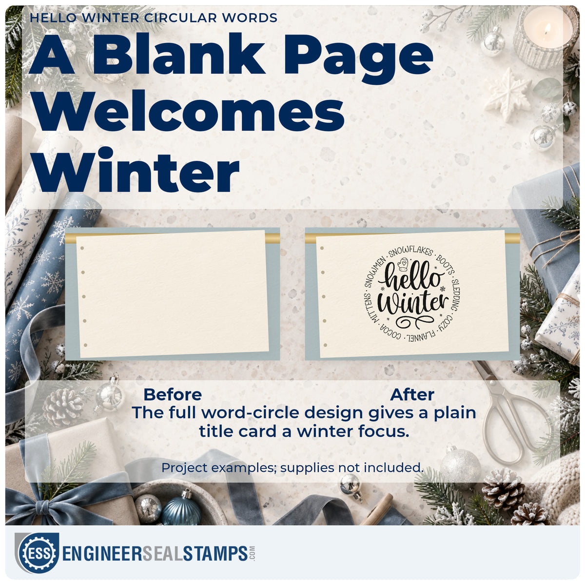Before and after of a plain item finished with the Hello Winter Slim Pre-Inked Stamp, a quick upgrade for framed round mat.