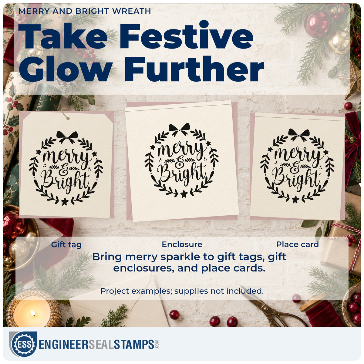 Three project examples made with the Merry & Bright Leaf Wreath Stamp – Wood Handle, including supply count sheet.