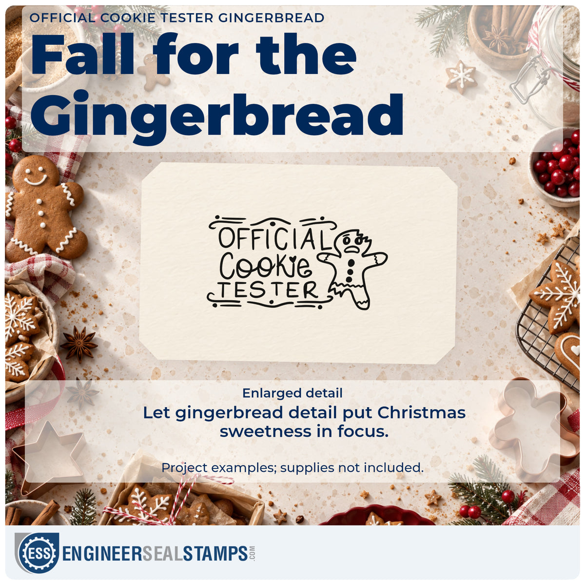 Enlarged detail of the Official Cookie Tester Gingerbread Self-Inking Stamp imprint. The words "Official cookie tester" appear beside a gingerbread figure with decorative horizontal lines.
