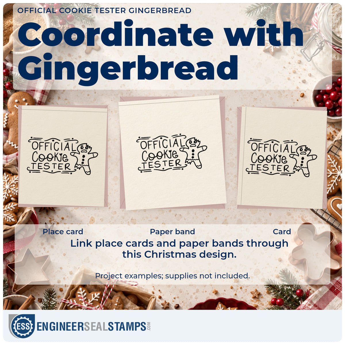 Three project examples made with the Duo Hand Official Cookie Tester Gingerbread Rubber Stamp, including score field sheet.