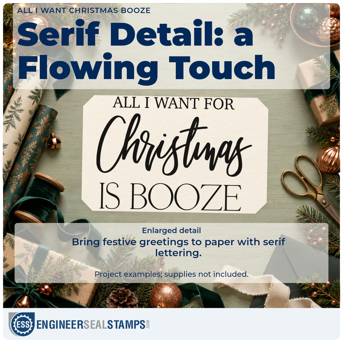 Enlarged detail of the All I Want Christmas Booze Stamp – Duo Hand imprint. The phrase "All I want for Christmas is booze" appears in a mix of serif capitals and large script.