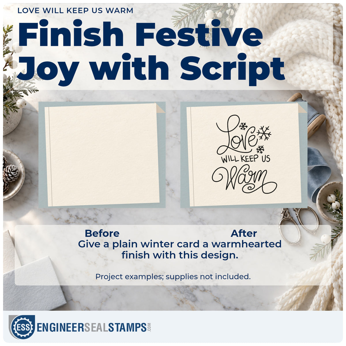 Before and after of a plain item finished with the Love Will Keep Us Warm Rubber Stamp – Duo Hand, a quick upgrade for framed bedside pair.