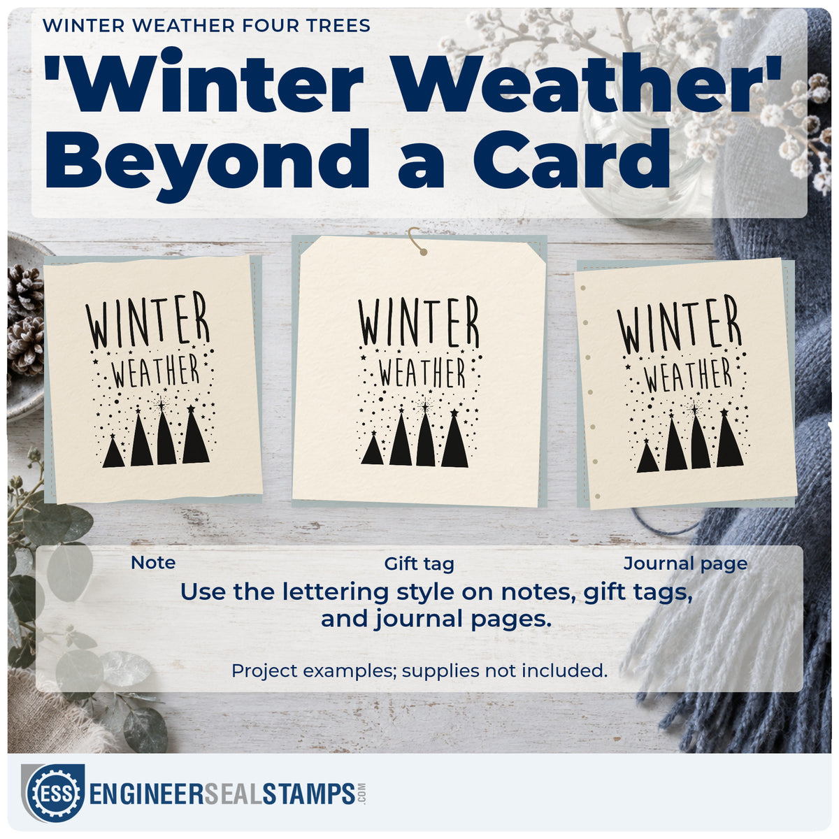 Three project examples made with the Winter Weather Four Trees Lettering Stamp – PSI Pre-Inked, including grid plan sheet.
