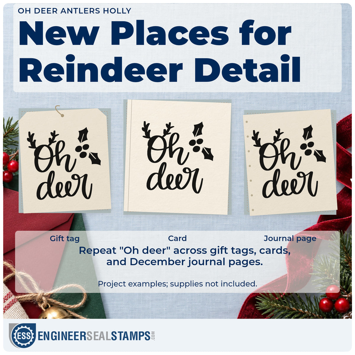 Three project examples made with the Oh Deer Antlers Holly Stamp – Premium Vintage Pro Wooden, including short note sheet.