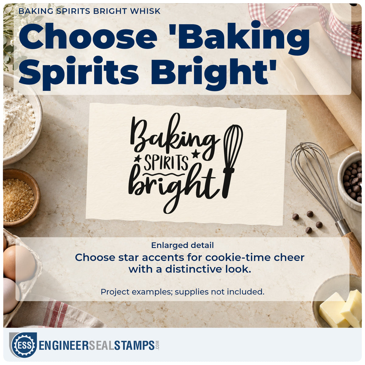 Enlarged detail of the Baking Spirits Bright Whisk Slim Pre-Inked Stamp imprint. The words "Baking spirits bright" appear beside a whisk with stars and a wavy divider.