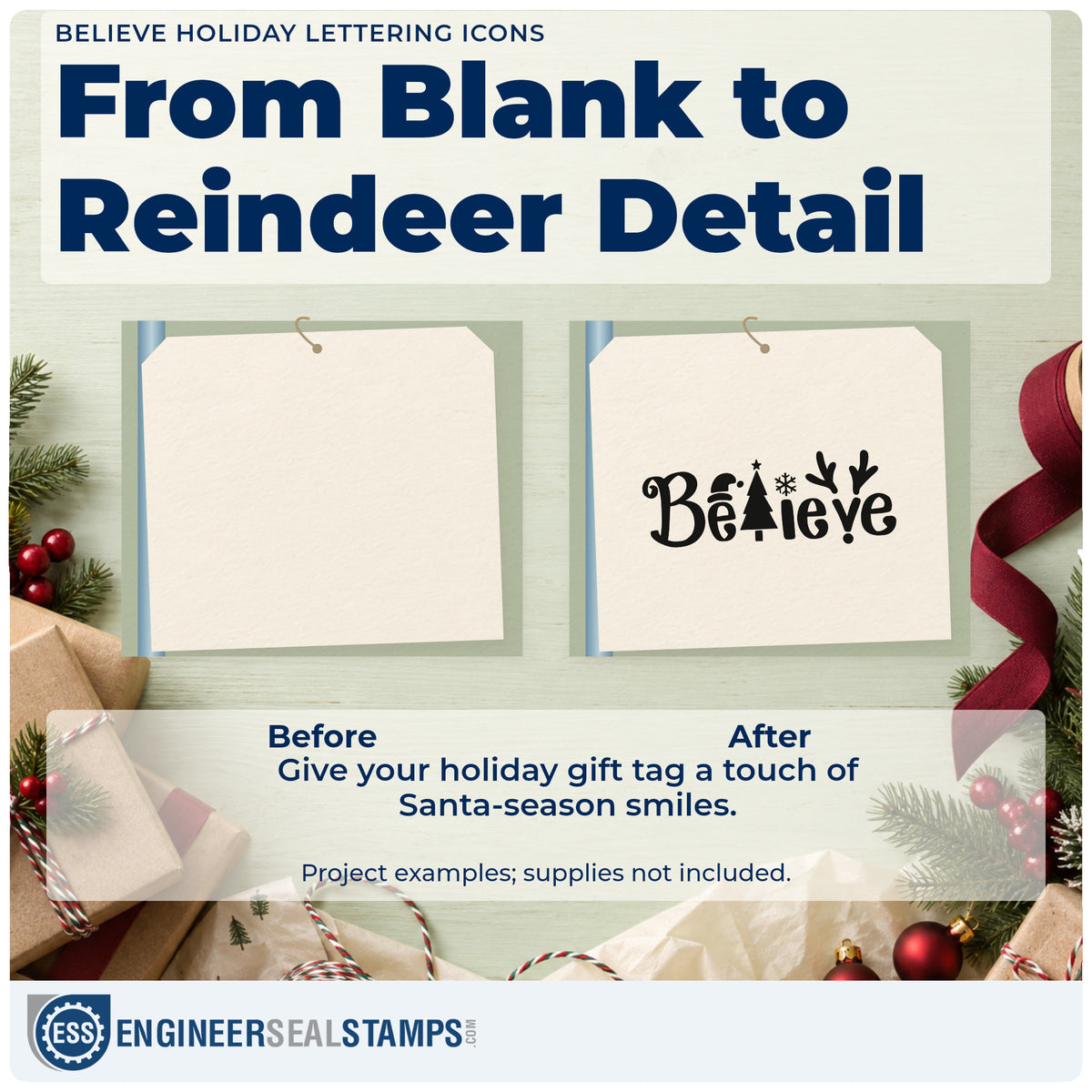 Before and after of a plain item finished with the Believe Holiday Lettering Icons Self-Inking Stamp, a quick upgrade for framed close study.