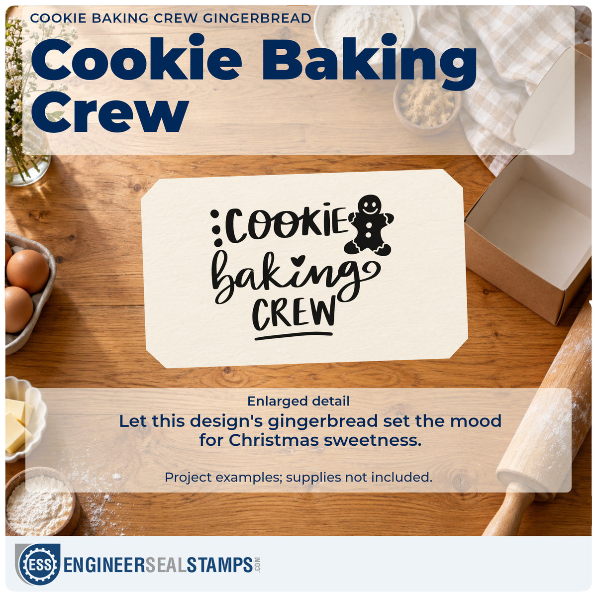 Enlarged detail of the Cookie Baking Crew Gingerbread Pre-Inked Stamp – Slim imprint. The words "Cookie baking crew" appear with a gingerbread figure, dots, and an underline.