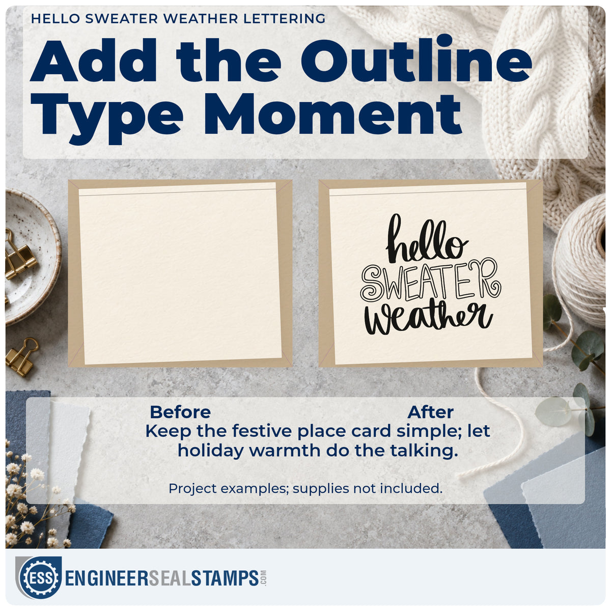 Before and after of a plain item finished with the Hello Sweater Weather Stamp – PSI Pre-Inked, a quick upgrade for framed line print.