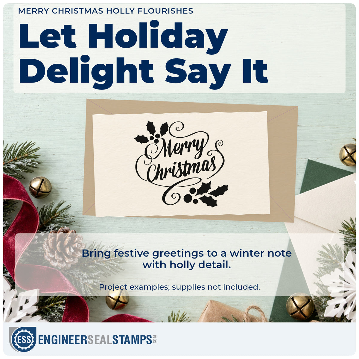 A finished handmade project stamped with the Merry Christmas Holly Flourishes Stamp – Self-Inking, ideal for keepsake album plate.