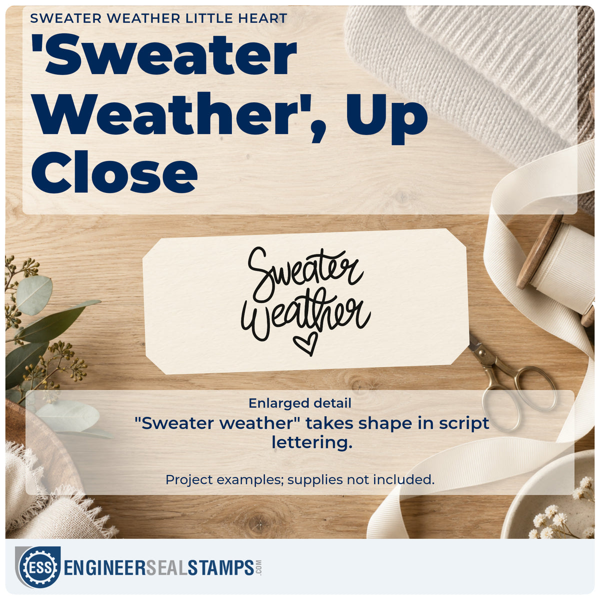 Enlarged detail of the Sweater Weather Little Heart Script Lettering Self-Inking Stamp imprint. The script words "Sweater weather" appear above a small outlined heart.