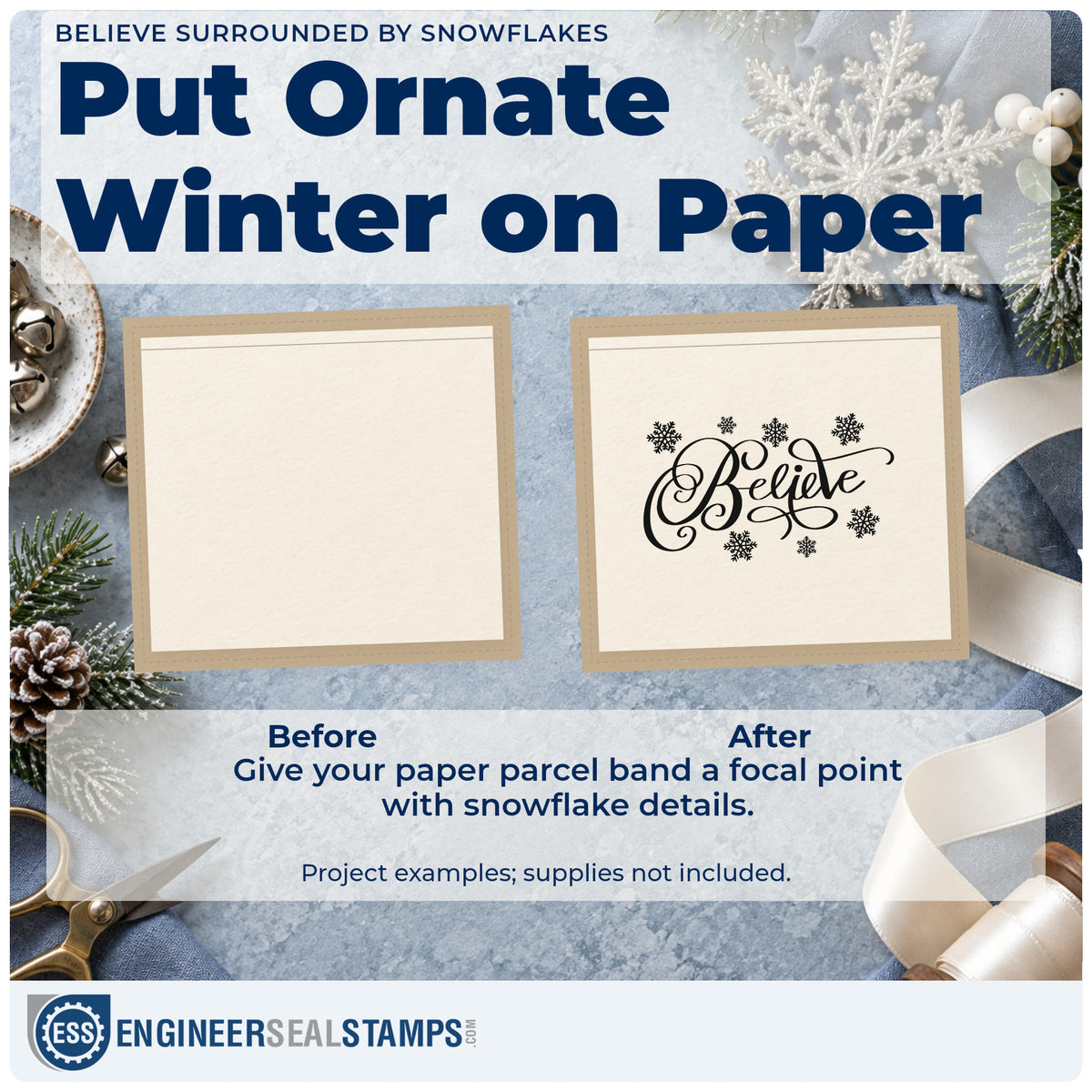 Before and after of a plain item finished with the Pre-Inked Believe Surrounded By Snowflakes Stamp – PSI, a quick upgrade for framed frosted window.