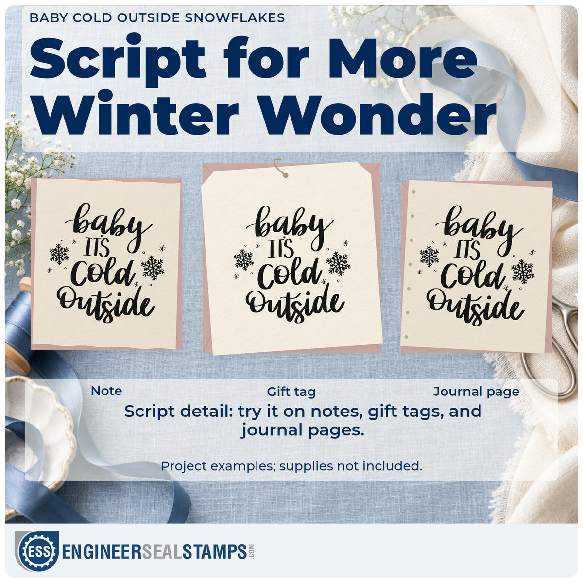 Three project examples made with the Baby Cold Outside Snowflakes Pre-Inked Stamp – Slim, including contact list sheet.
