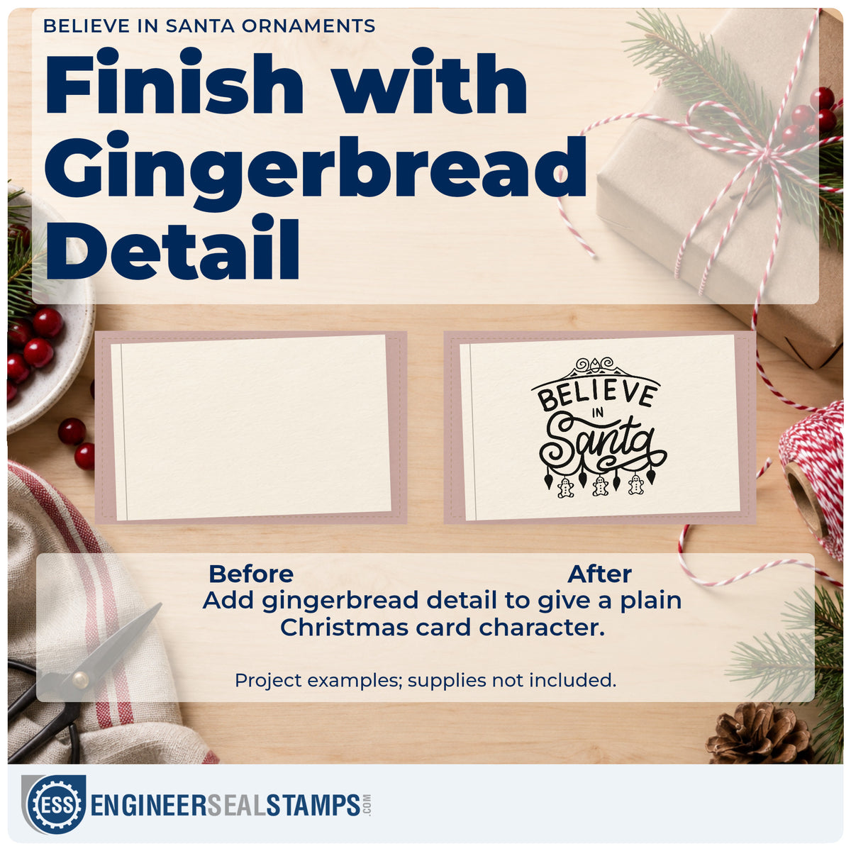 Before and after of a plain item finished with the Believe In Santa Ornaments Gingerbread Slim Pre-Inked Stamp, a quick upgrade for framed tree alcove.