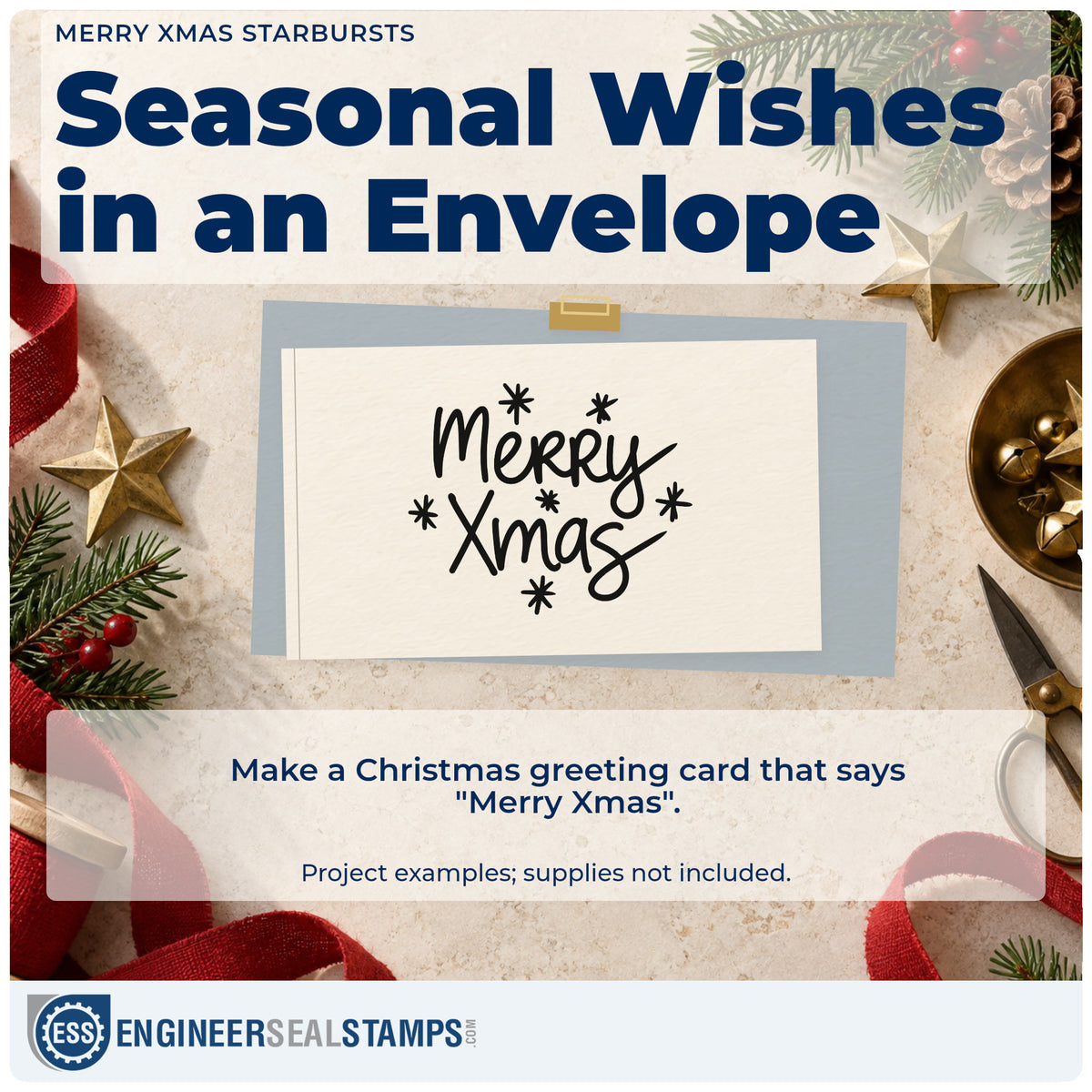 A finished handmade project stamped with the Merry Xmas Starbursts Stamp – Slim Pre-Inked, ideal for quick album header.