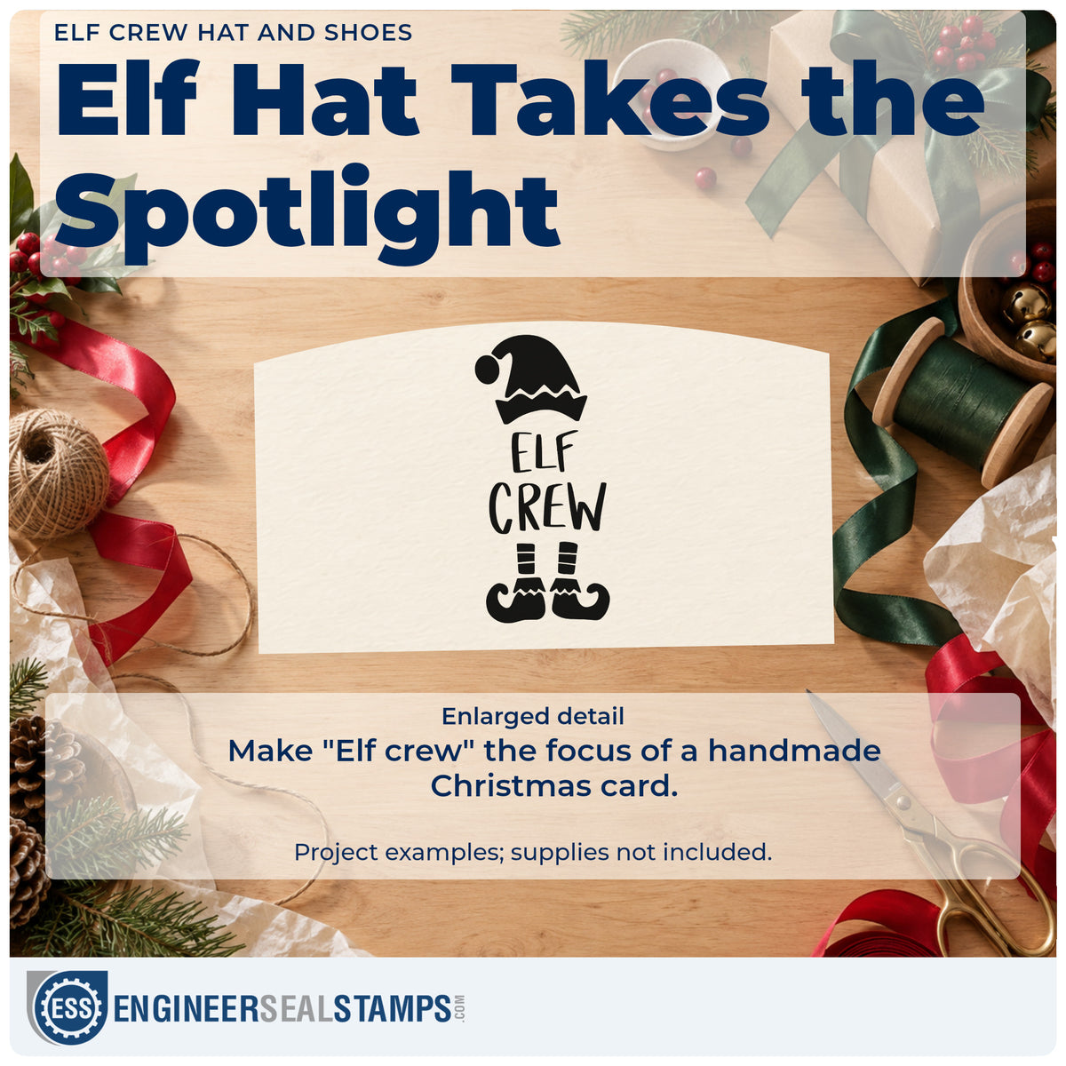 Enlarged detail of the Elf Crew Hat And Shoes Lettering Rubber Stamp – Duo Hand imprint. The words "Elf crew" appear between a pointed elf hat and striped legs with curled shoes.