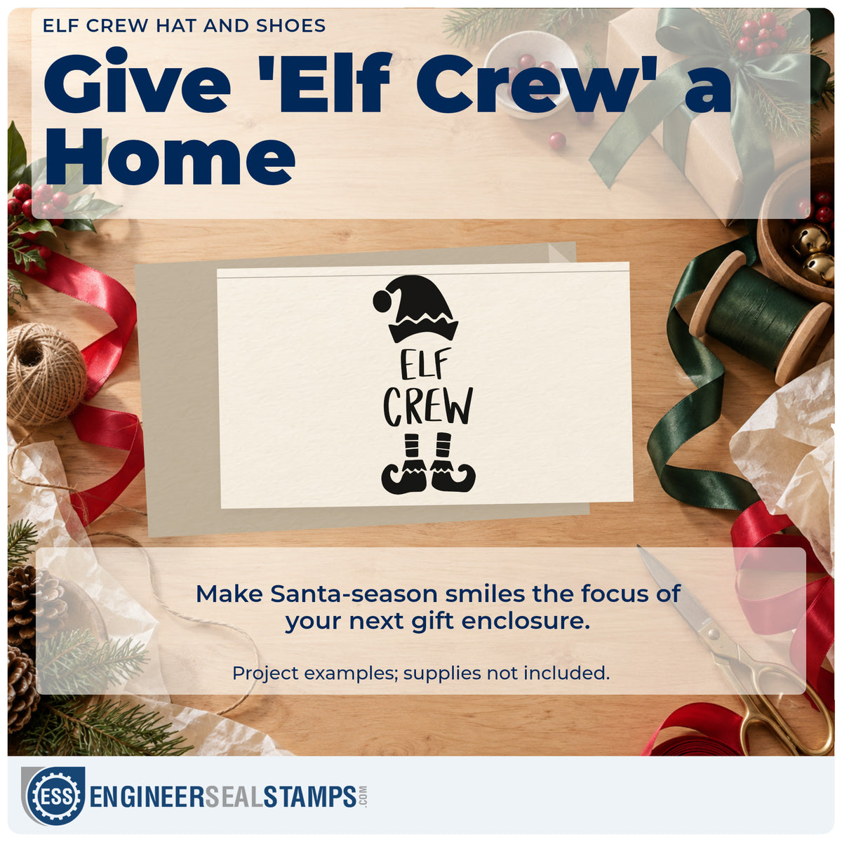 A finished handmade project stamped with the Elf Crew Hat And Shoes Lettering Self-Inking Stamp, ideal for legs cards.