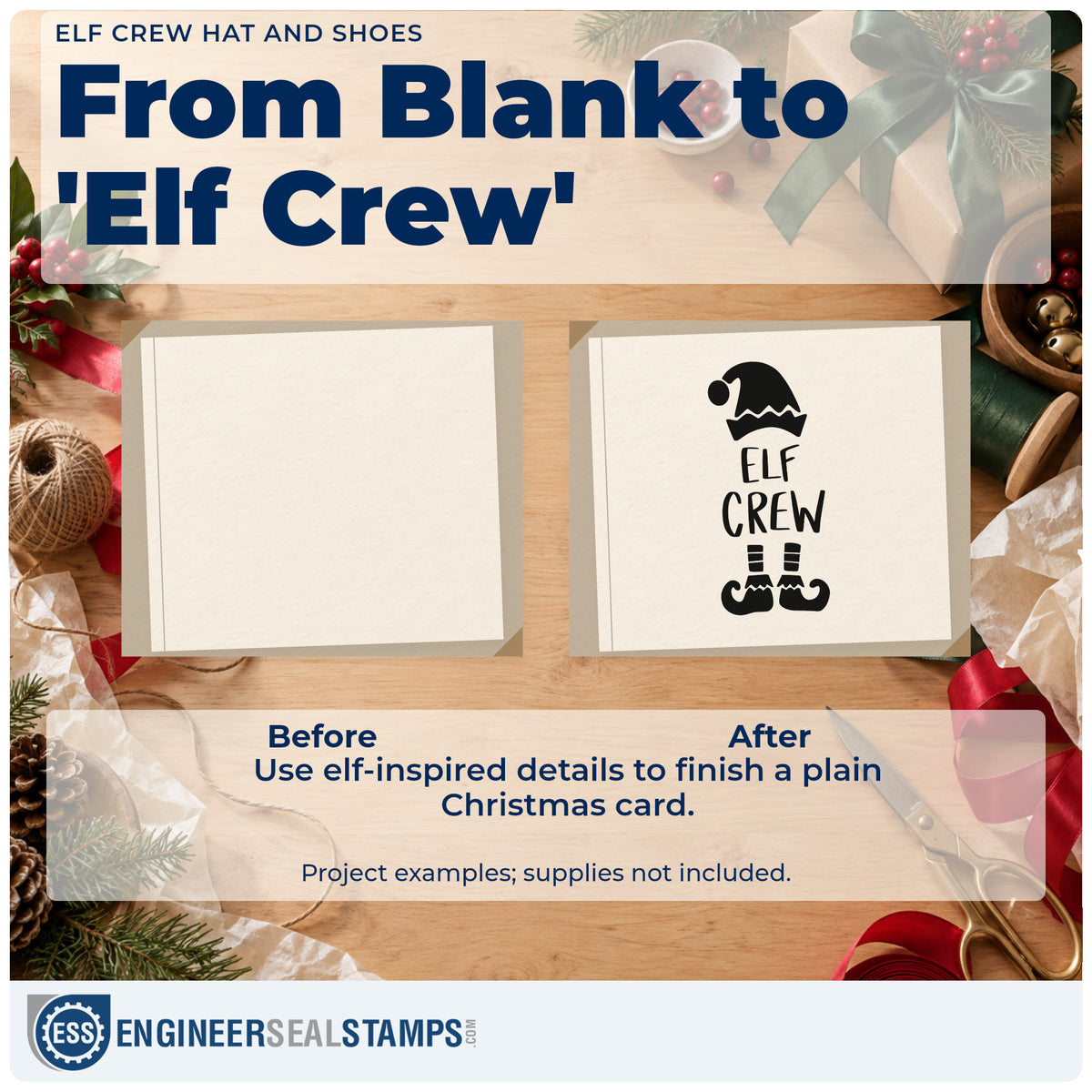 Before and after of a plain item finished with the Elf Crew Hat And Shoes Lettering Self-Inking Stamp, a quick upgrade for tunic front printing.