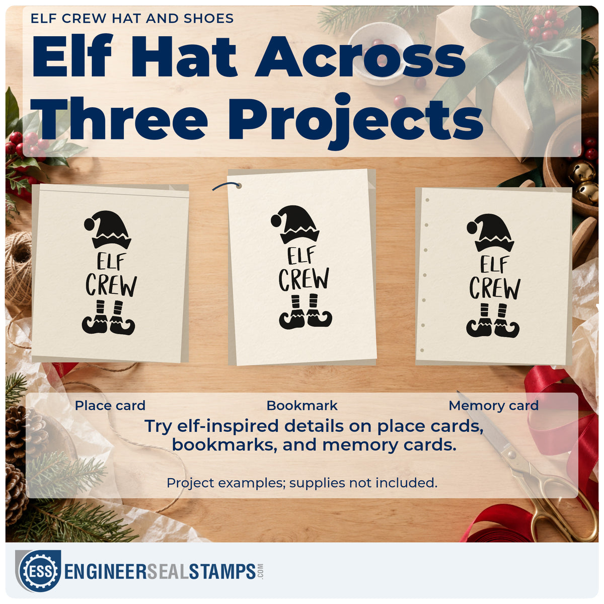 Three project examples made with the Elf Crew Hat And Shoes Lettering Compact Pre-Inked Stamp – Slim, including striped sock tags.