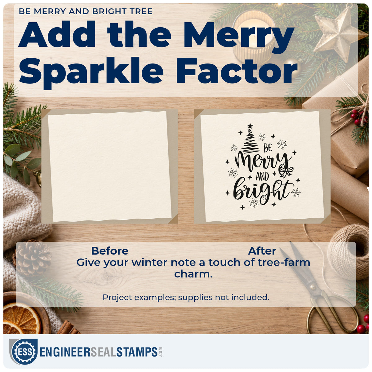 Before and after of a plain item finished with the Be Merry And Bright Tree Snowflakes Wood Handle Stamp, a quick upgrade for framed studio nook.
