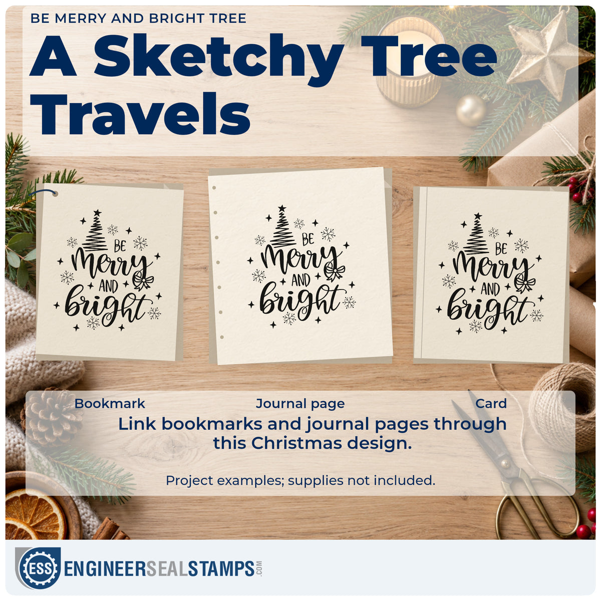 Three project examples made with the Be Merry And Bright Tree Snowflakes Self-Inking Craft Stamp, including doodle margin sheet.