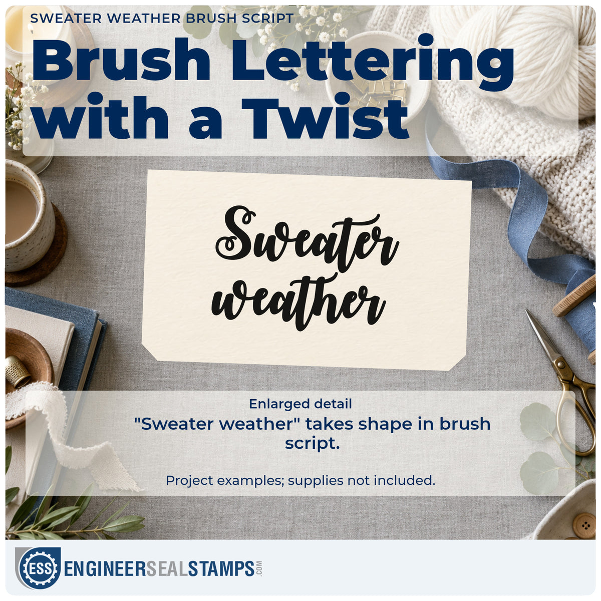 Enlarged detail of the Sweater Weather Brush Script Lettering Slim Pre-Inked Stamp imprint. The words "Sweater weather" appear in heavy flowing brush script.