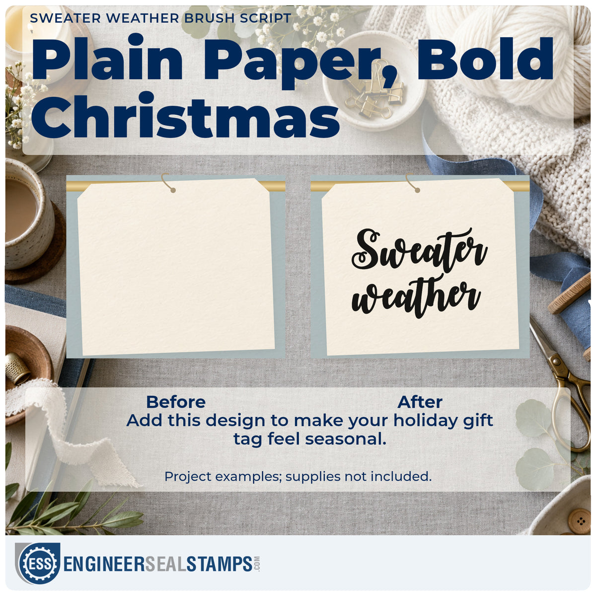 Before and after of a plain item finished with the Sweater Weather Brush Script Lettering Slim Pre-Inked Stamp, a quick upgrade for framed bold print.