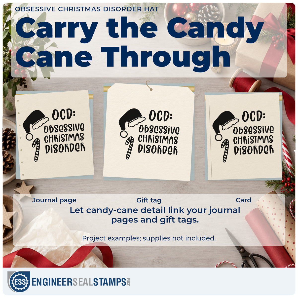Three project examples made with the Obsessive Christmas Disorder Hat Hand Stamp – Duo, including purchase gift tags.