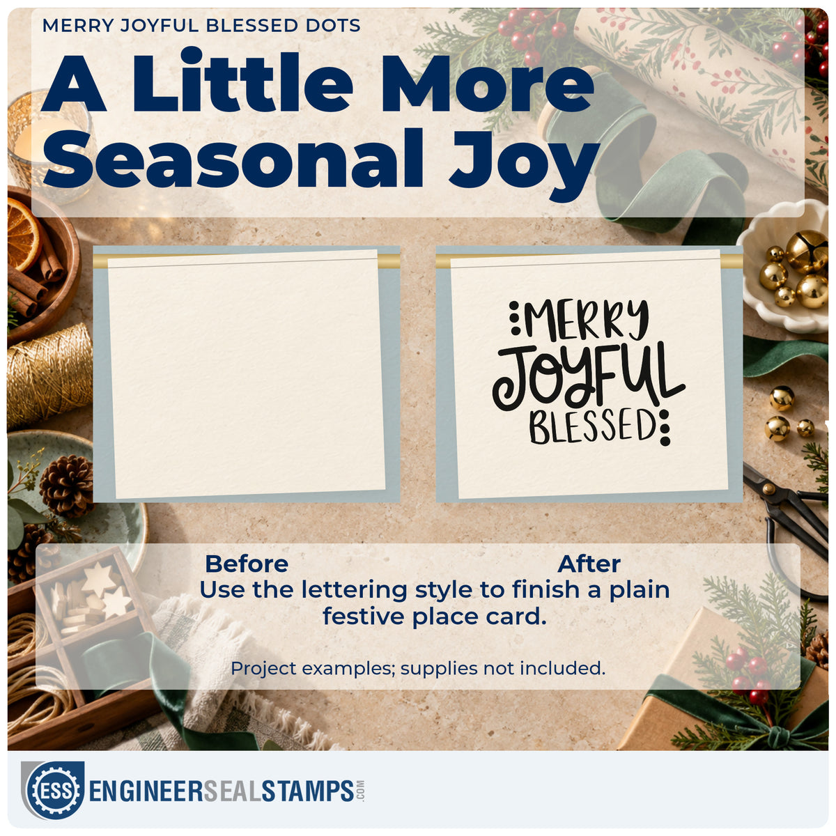 Before and after of a plain item finished with the Merry Joyful Blessed Dots Lettering Rubber Stamp – Duo Hand, a quick upgrade for framed double column.