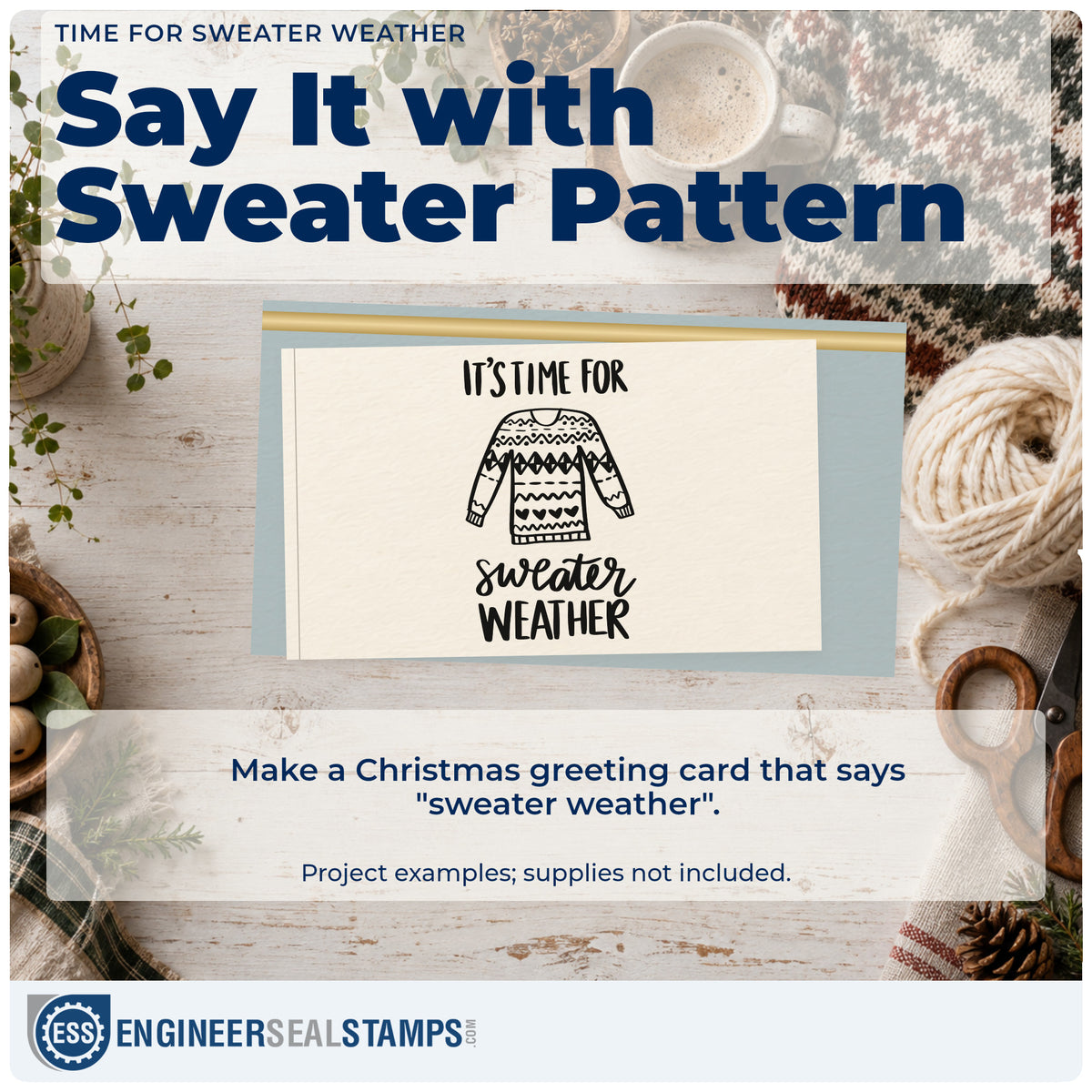 A finished handmade project stamped with the Pre-Inked Time For Sweater Weather Stamp – PSI, ideal for pattern album page.