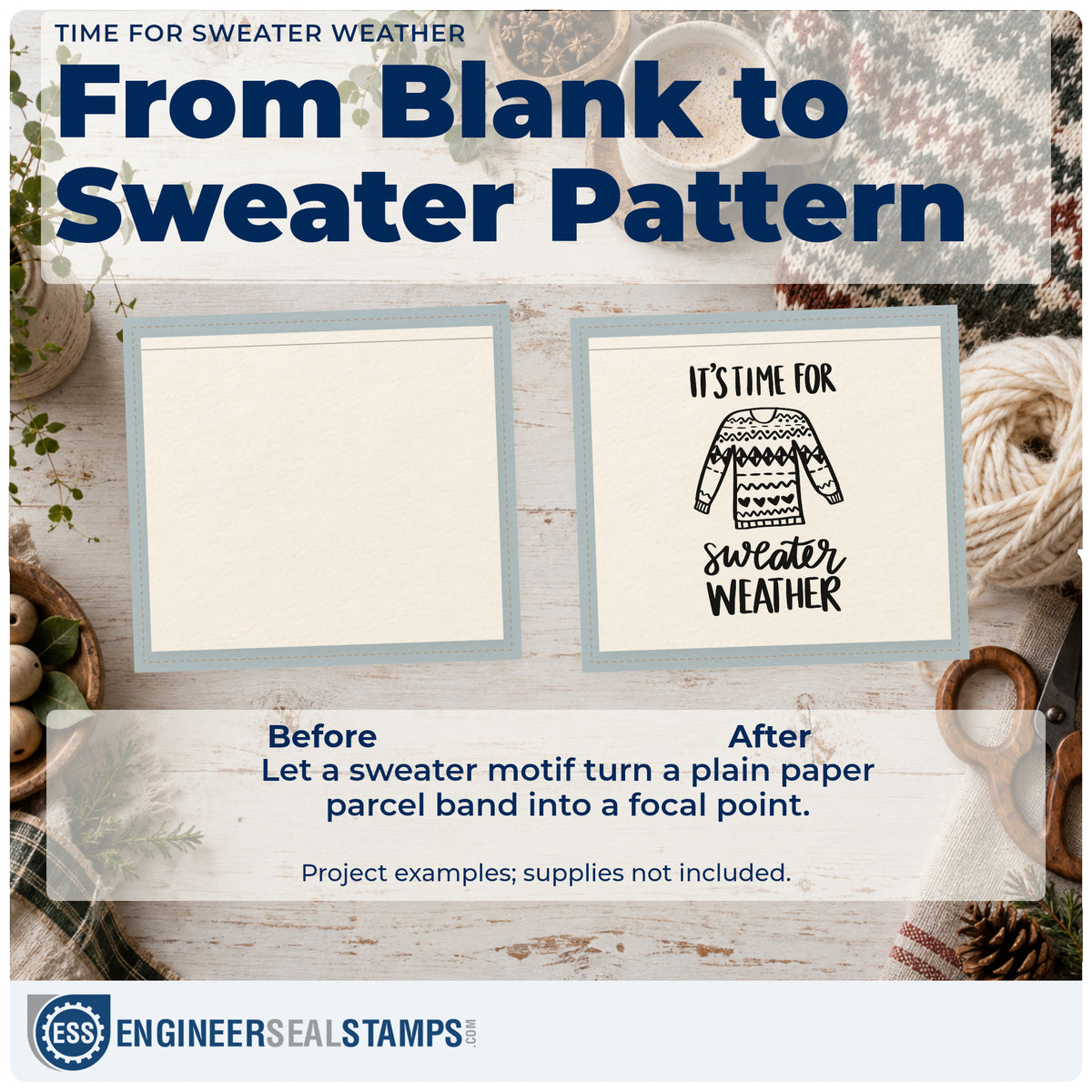 Before and after of a plain item finished with the Time For Sweater Weather Craft Stamp – Self-Inking, a quick upgrade for framed stacked pair.