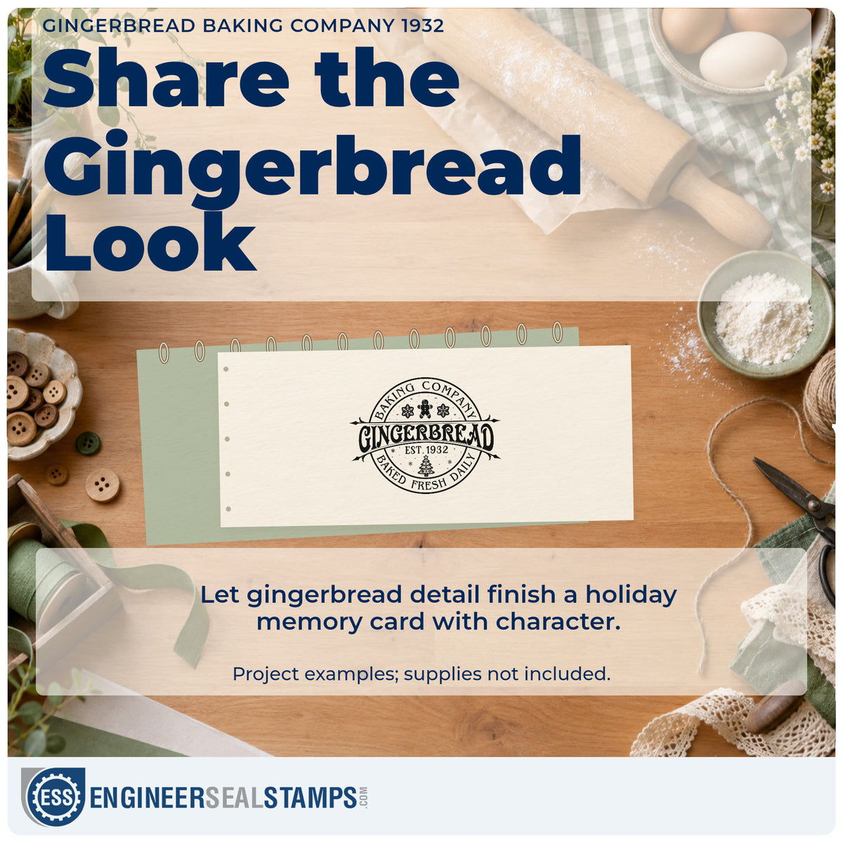 A finished handmade project stamped with the Slim Pre-Inked Gingerbread Baking Company 1932 Stamp, ideal for archive album page.