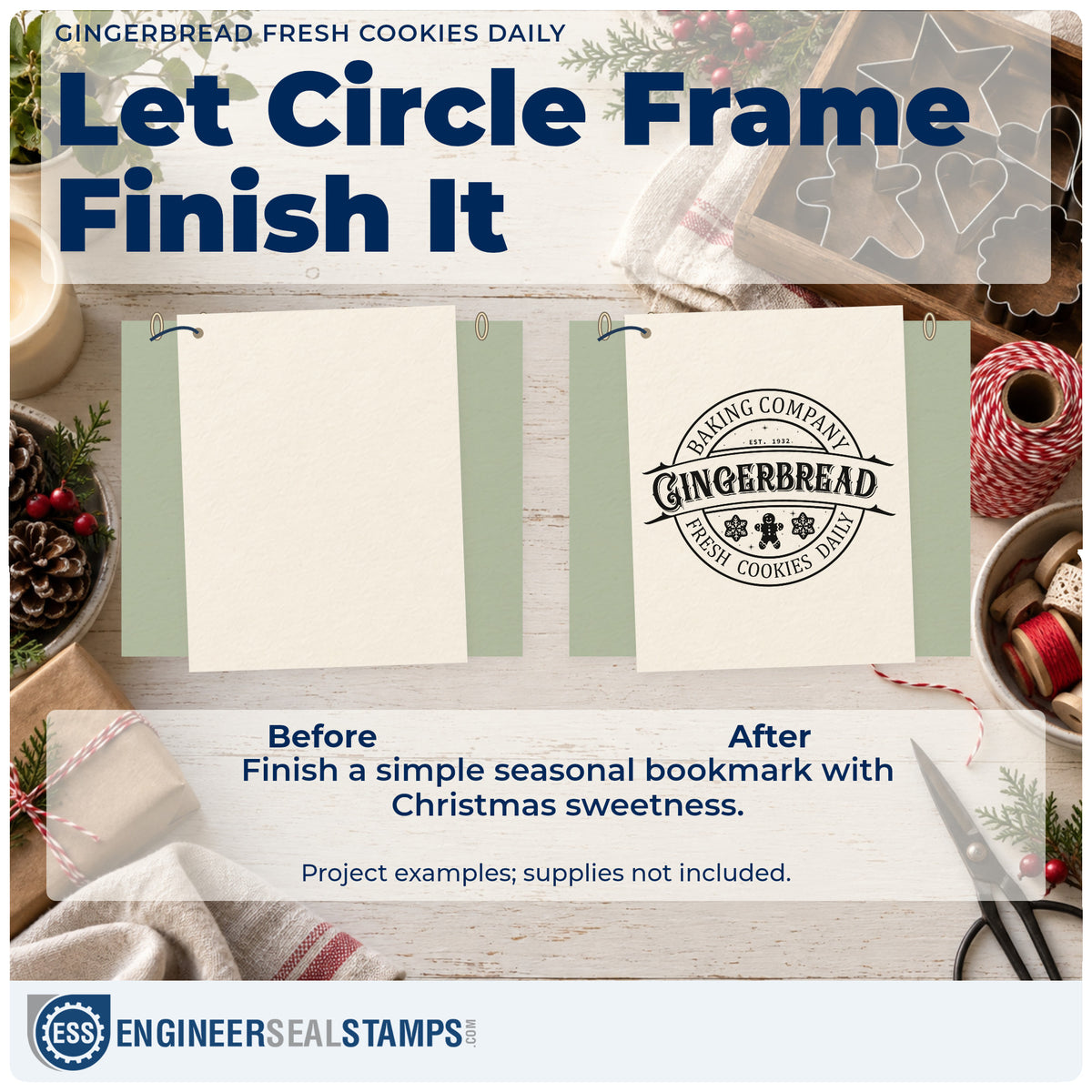 Before and after of a plain item finished with the Baking Company Gingerbread Fresh Cookies Daily Wood-Mounted Rubber Stamp, a quick upgrade for framed oven wall.