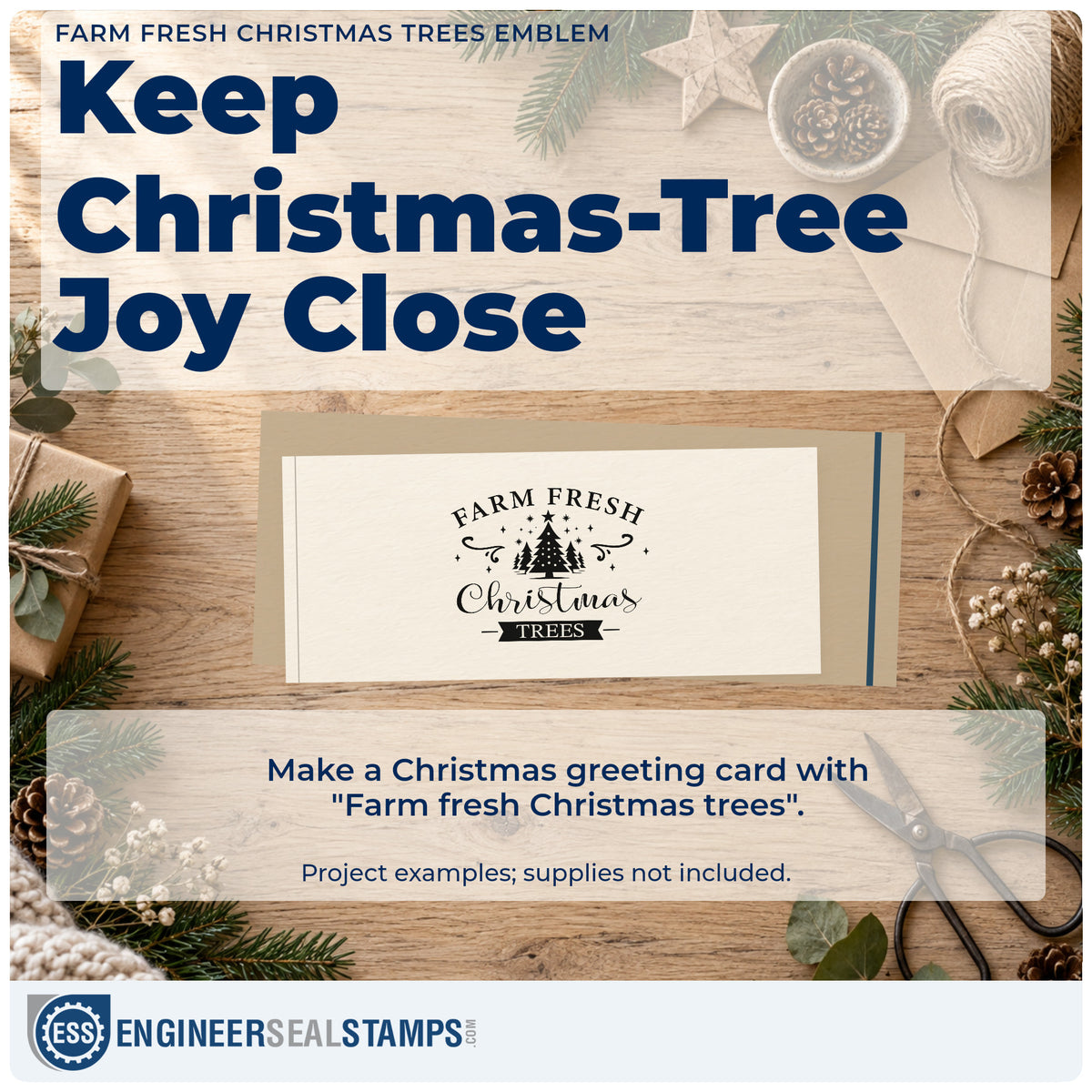 A finished handmade project stamped with the Farm Fresh Christmas Trees Emblem Hand Stamp – Duo, ideal for ribbon cards.