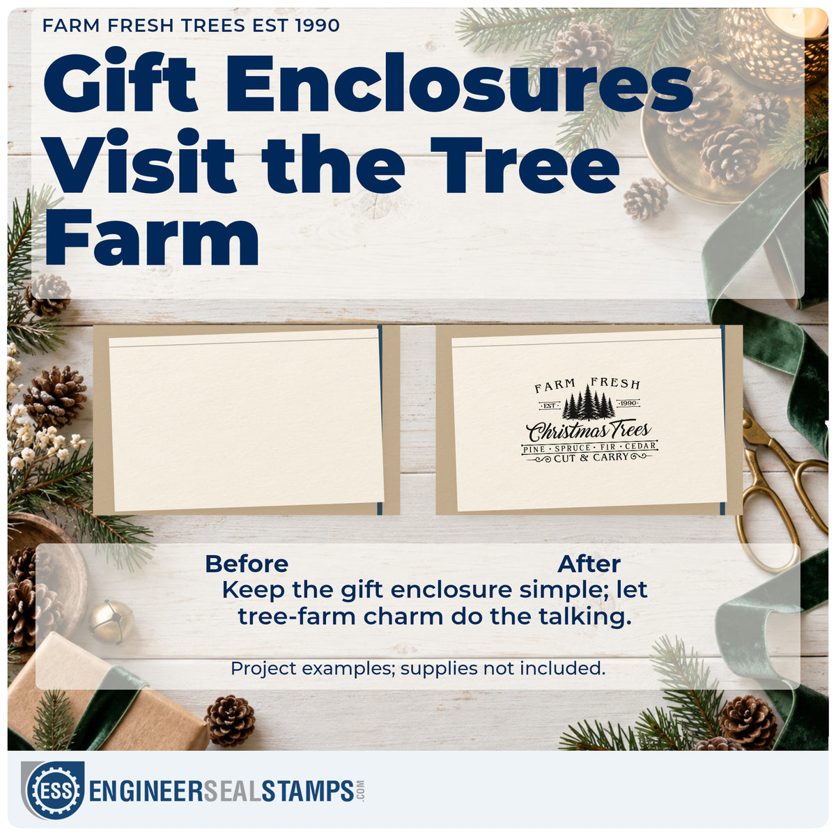 Before and after of a plain item finished with the Farm Fresh Trees Est 1990 Hand Stamp – Duo, a quick upgrade for framed office ledge.